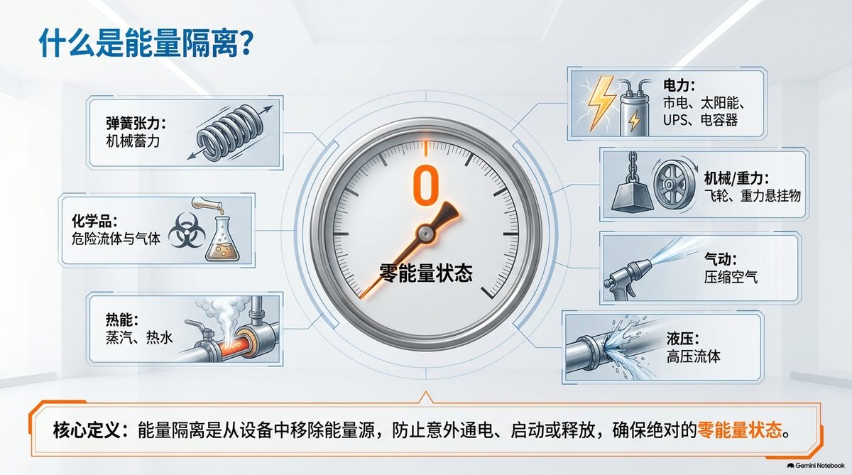 七類能量源：電力、機械、重力、氣動、液壓、熱能、化學品